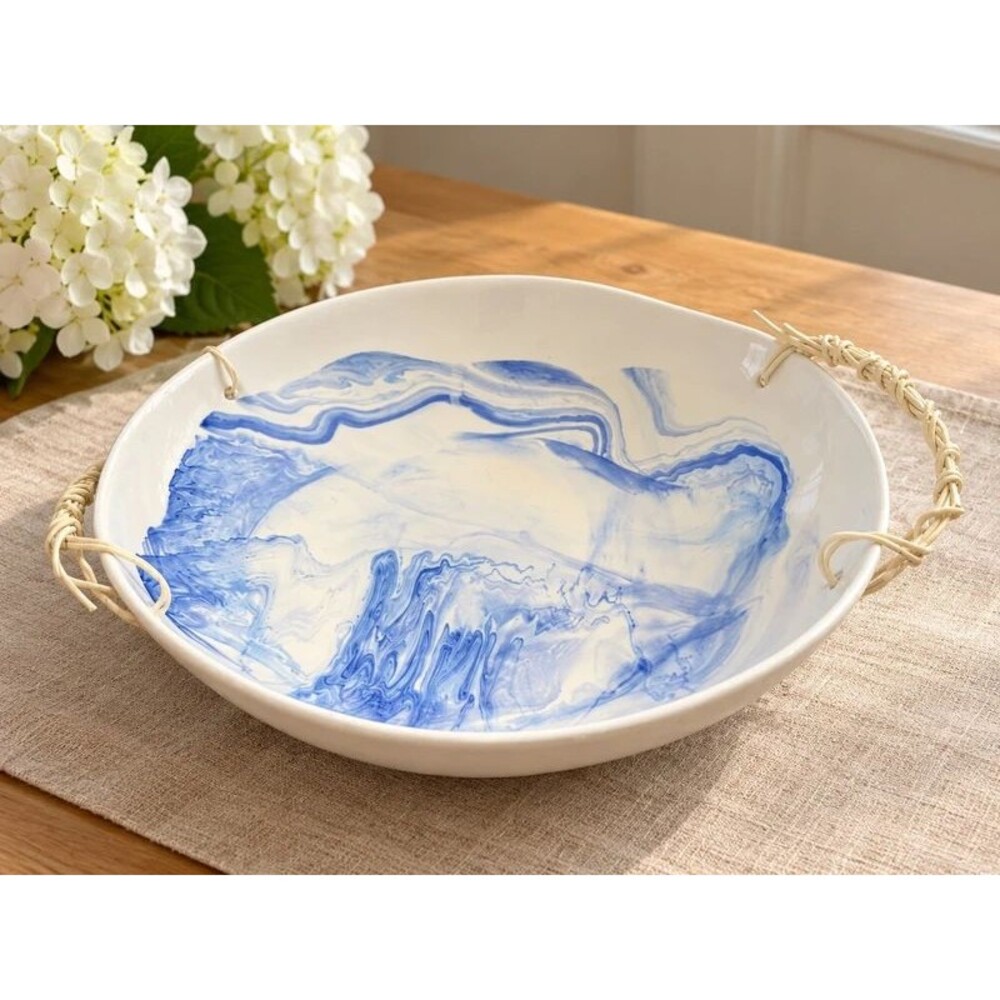 Anthropologie Blue White Ceramic Serving Bowl Platter Woven Handles Coastal Boho